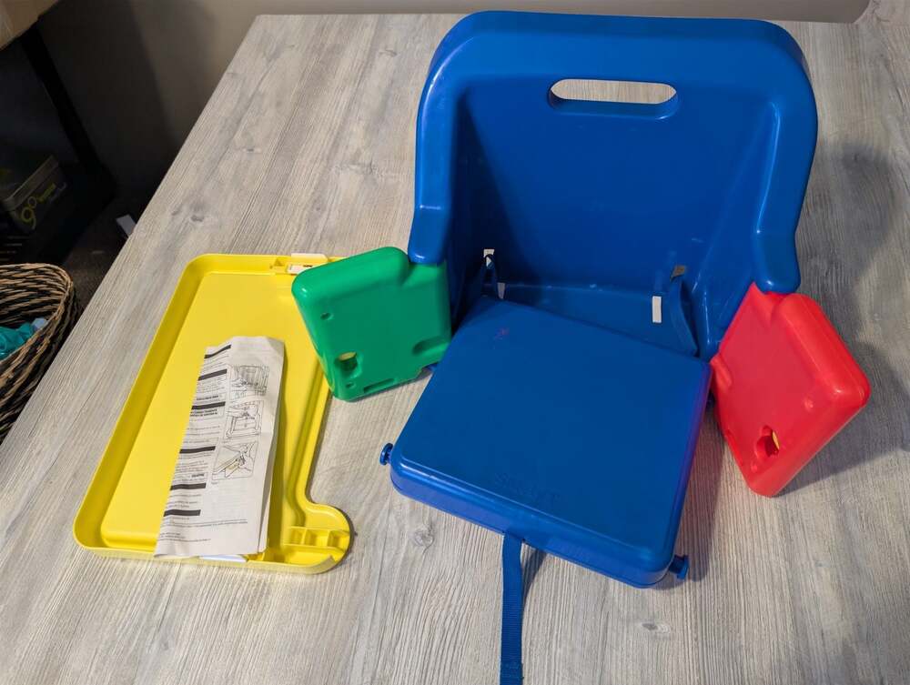 Safety 1st Space Saver Fold-Up Booster Seat, Blue/Yellow/Red